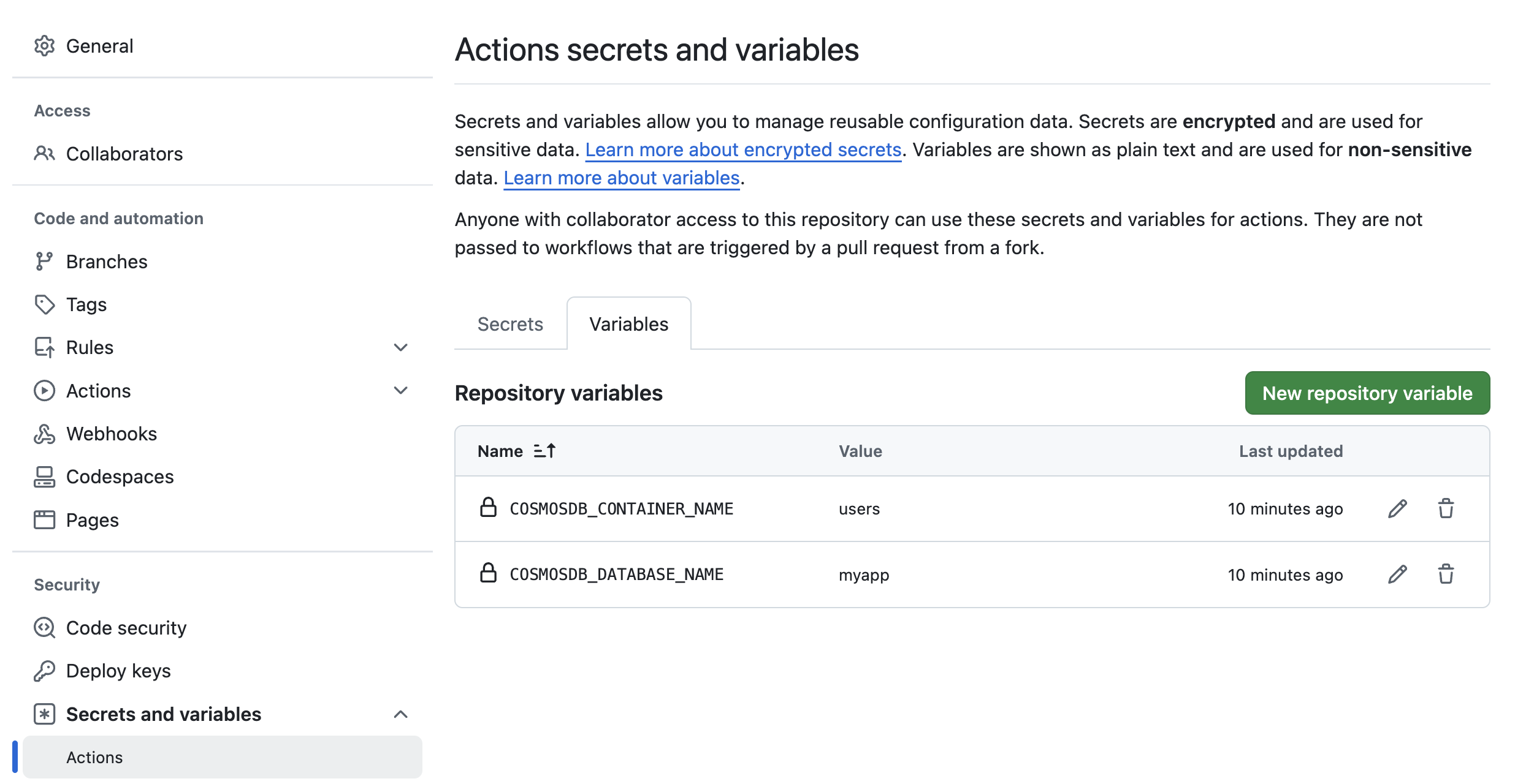 Add the database and container names as repository variables