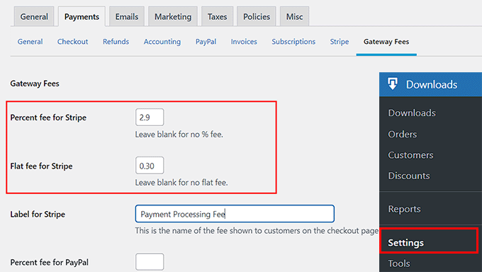 Configure the gateway fees Configure the gateway fees