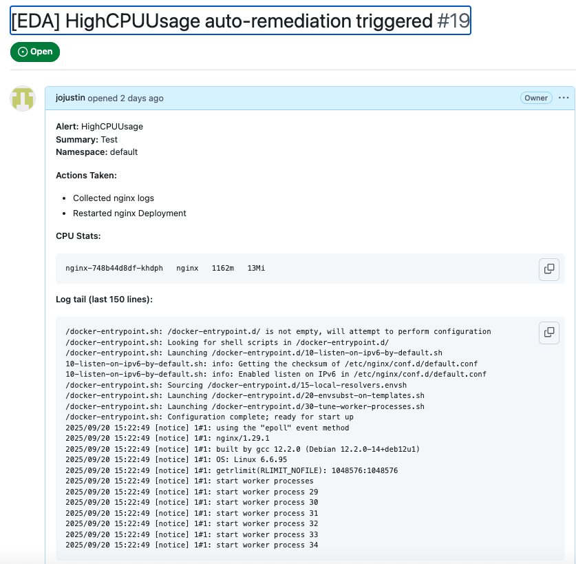 A GIT Summary issue is created when the event occurs
