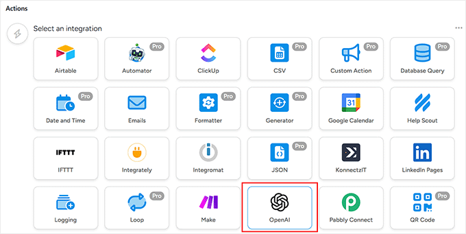 Select OpenAI as the action integration in Uncanny Automator