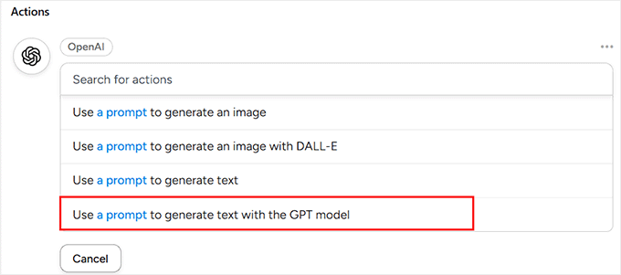 Choose 'Use a prompt to generate text with the GPT model' as the action type