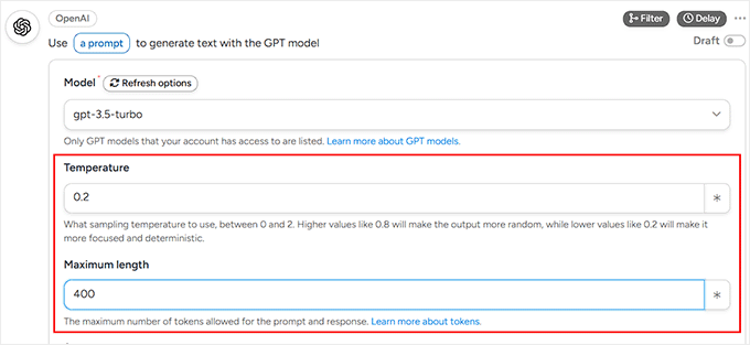 Configure temperature and maximum length in Uncanny Automator