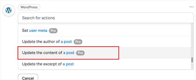 Choose to update the content of a post as WordPress action