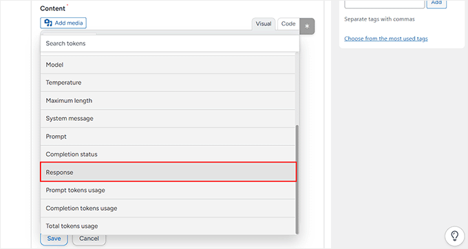 Add response in the content field in Uncanny Automator