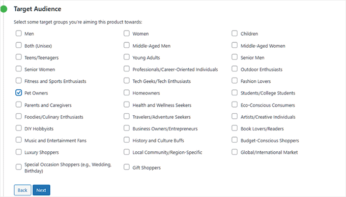 Select a target audience for your product in StoreAgent