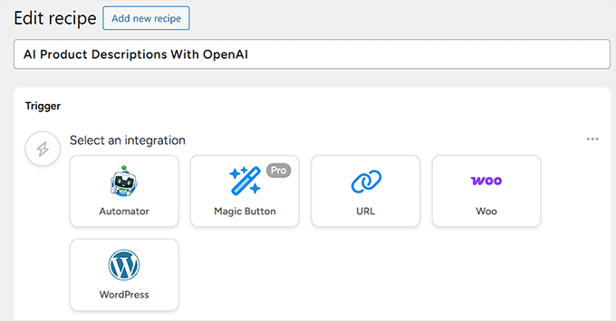Add recipe title and choose WordPress for trigger integration