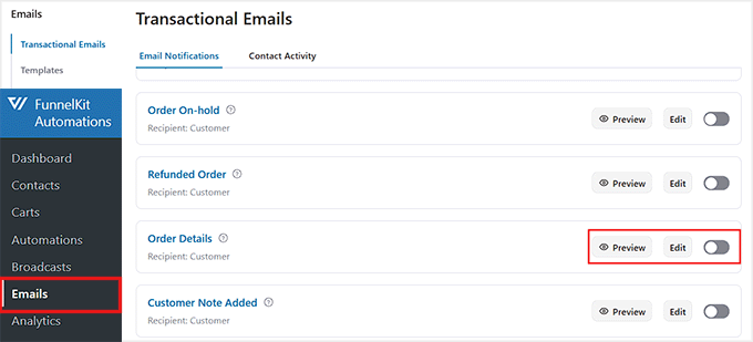 Click the Edit link for the Order Details email in FunnelKit Automations Click the Edit link for the Order Details email in FunnelKit Automations