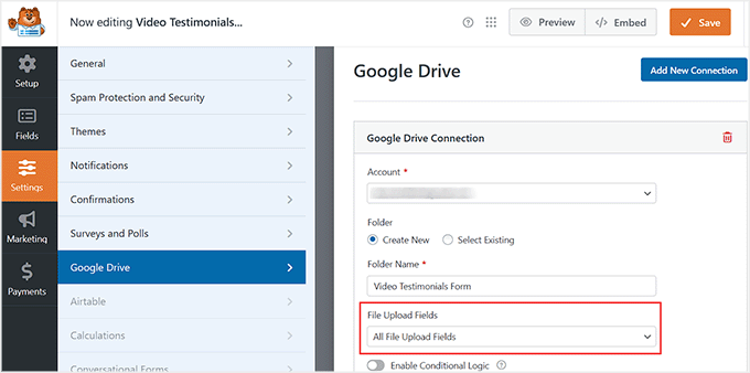 Connect Google Drive to a video testimonial form in WPForms Connect Google Drive to a video testimonial form in WPForms