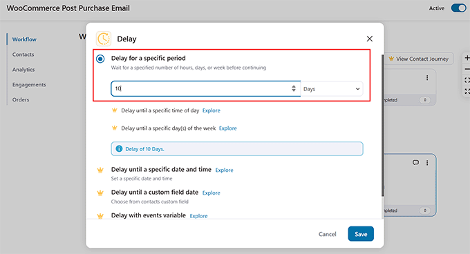 Set a delay period for post purchase review request email in Funnelkit Automations Set a delay period for post purchase review request email in Funnelkit Automations