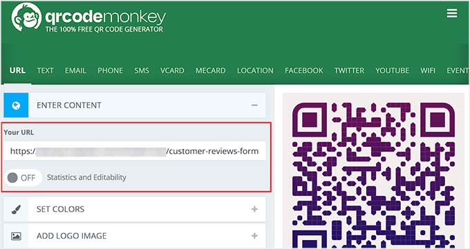 Add reviews page URL to generate a QR code Add reviews page URL to generate a QR code