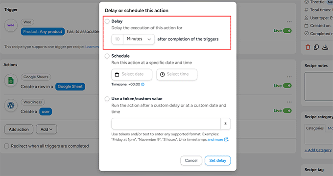 Set an action delay in Uncanny Automator