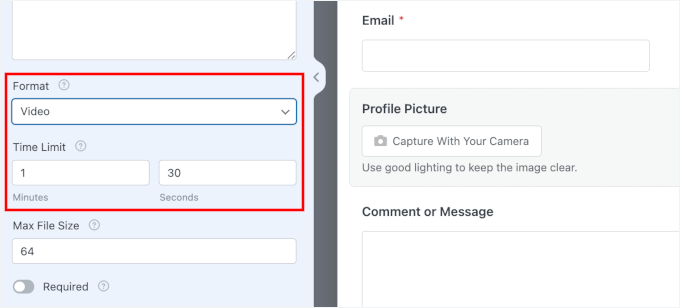 The time limit setting for the video format