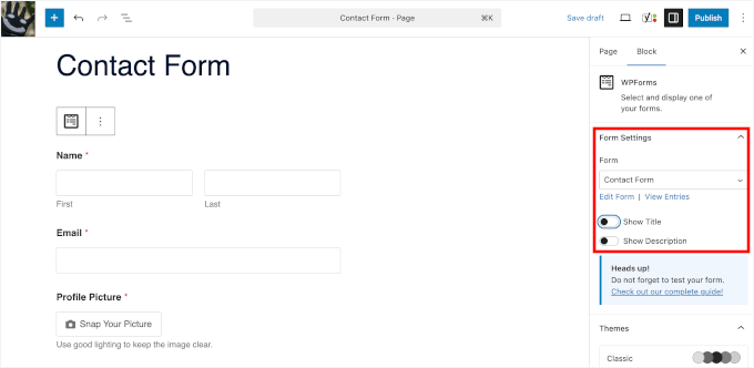Adjusting the form settings in the content editor