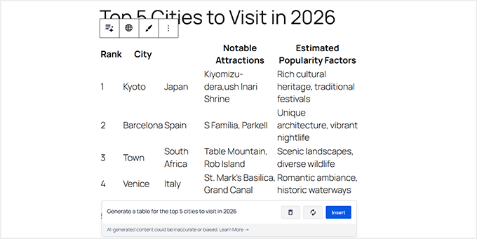 Generate a table with AI in AIOSEO