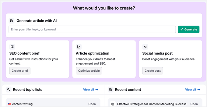 Semrush AI Article Generator dashboard