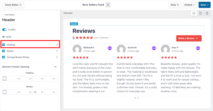 Enabling Heading in Reviews Feed