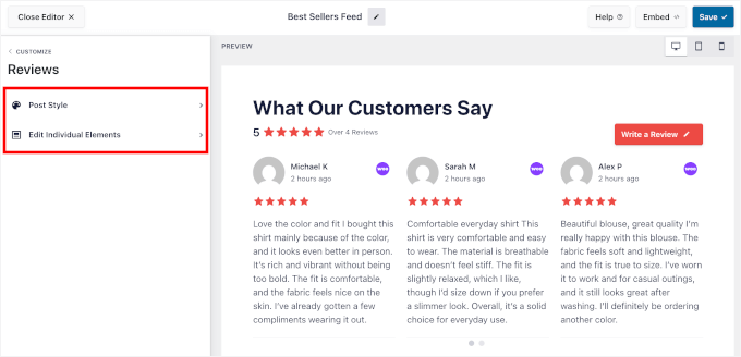 The Reviews panel in Reviews Feed