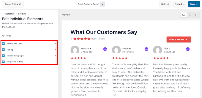 Customizing reviews' individual elements