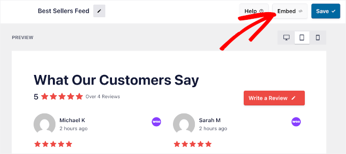 The Embed button in Reviews Feed