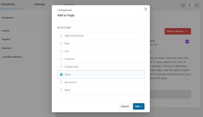 Choosing an existing page to embed the reviews feed