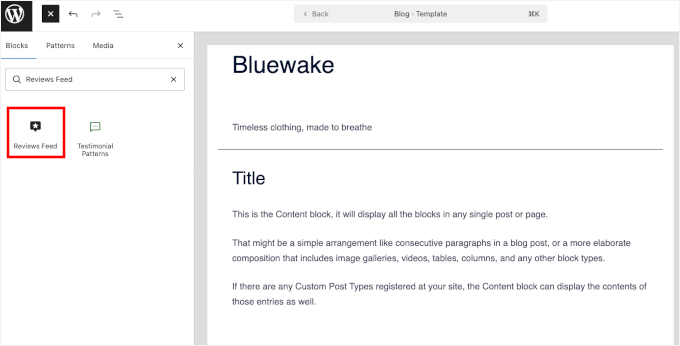 Adding Reviews Feed block in FSE