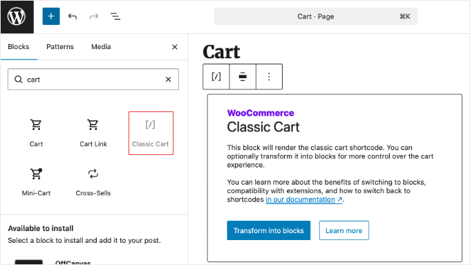 Adding the Classic Cart Block in WooCommerce