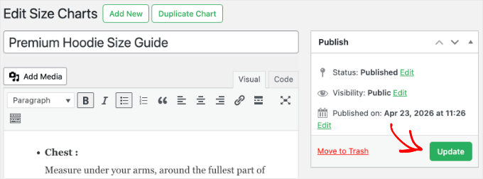 Updating a Size Chart Using Advanced Product Size Charts Pro