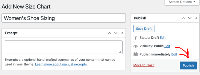Publishing a WPC Product Size Chart for WooCommerce Size Chart