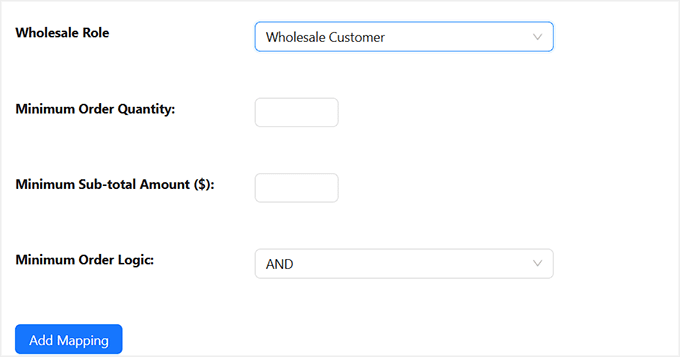 Add minimum order requirement based on role in Wholesale Prices Add minimum order requirement based on role in Wholesale Prices