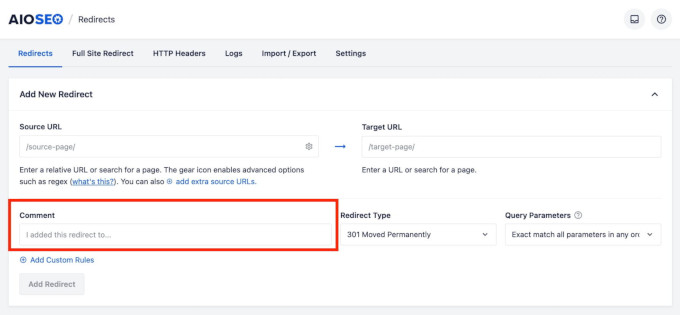 Notes in redirects