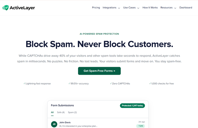 ActiveLayer AI spam protection homepage