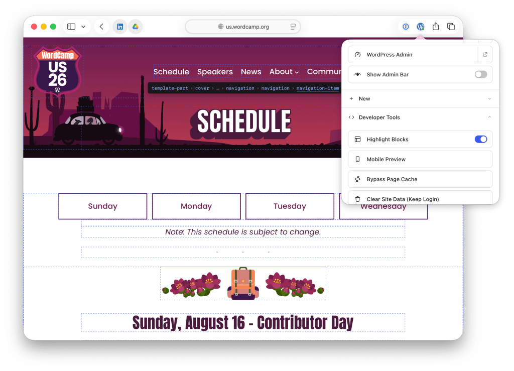 A screenshot of WordCamp.org in Safari with the WordPress Browser Extension open and the developer tools expanded.