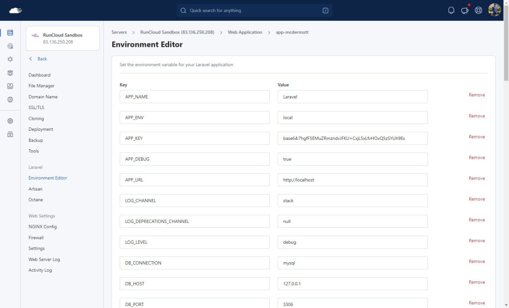 RunCloud Laravel Environment editor