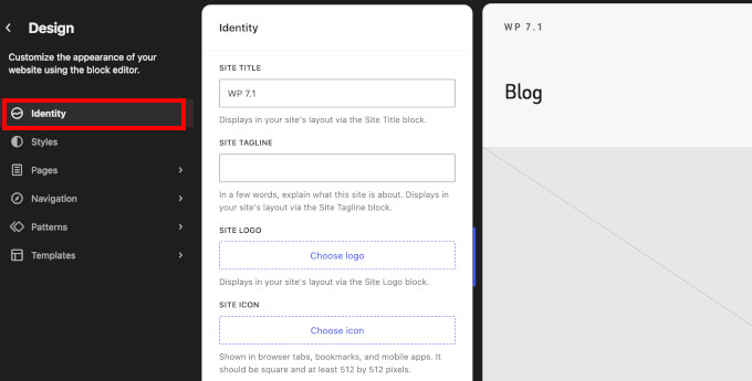 New 'Identity' tab in site editor New'Identity' tab in site editor