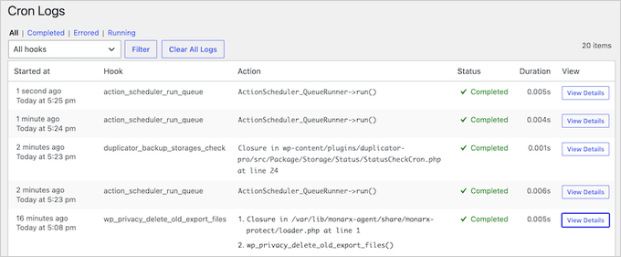 The WP Crontrol 2.0 Cron Logs screen listing recent scheduled task runs with their status and duration The WP Crontrol 2.0 Cron Logs screen listing recent scheduled task runs with their status and duration