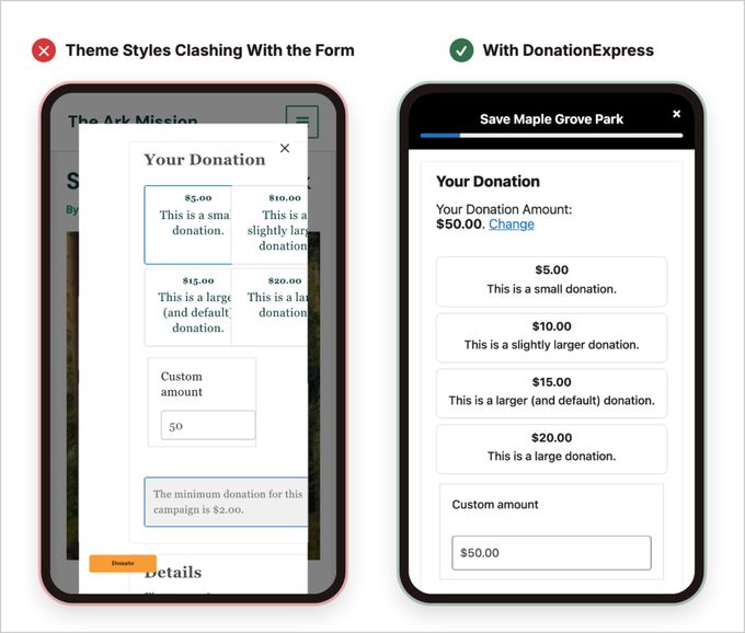 A side-by-side comparison of a donation form broken by theme styles and the same form opened in DonationExpress on a phone A side-by-side comparison of a donation form broken by theme styles and the same form opened in DonationExpress on a phone