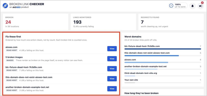 The new Broken Link Checker dashboard showing a Fix these first list and the worst domains on the site The new Broken Link Checker dashboard showing a Fix these first list and the worst domains on the site