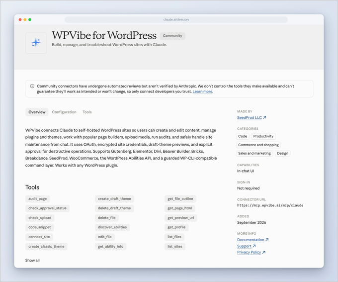 The WPVibe for WordPress listing in Claude's Connectors Directory showing its description and available tools The WPVibe for WordPress listing in Claude's Connectors Directory showing its description and available tools